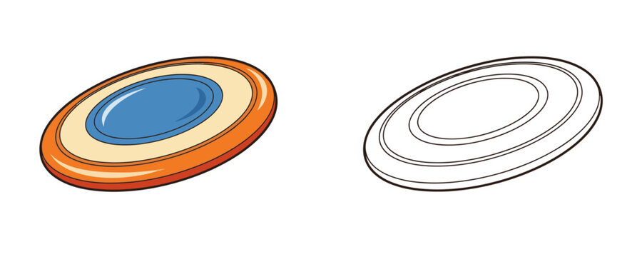 Cute cartoon style illustration of an orange and blue plastic frisbee flying disc toy shown in full color and as a black and white outline