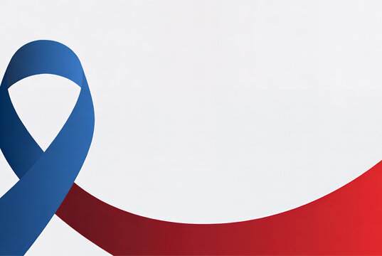 A blue awareness ribbon on a white background with a red wavy stripe, symbolizing support or patriotism. - Powered by Adobe