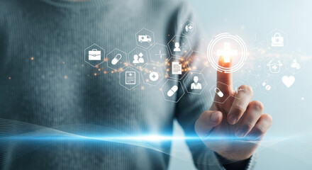Person in Gray Sweater Touching Digital Health Interface with Glowing Medical Icons and Blue Wave on Light Background