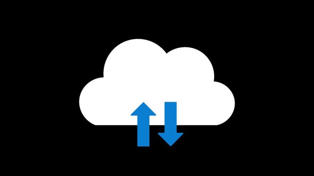Animated cloud computing illustration depicting upload and download processes on black background. 4k resolution.