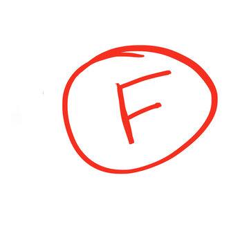 Exam score grade result F, hand drawn doodle test grade F isolated on transparent background