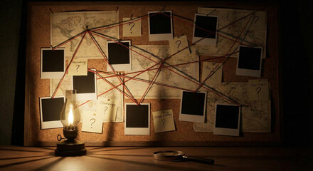 Detective Investigation Corkboard with Photos and Red String