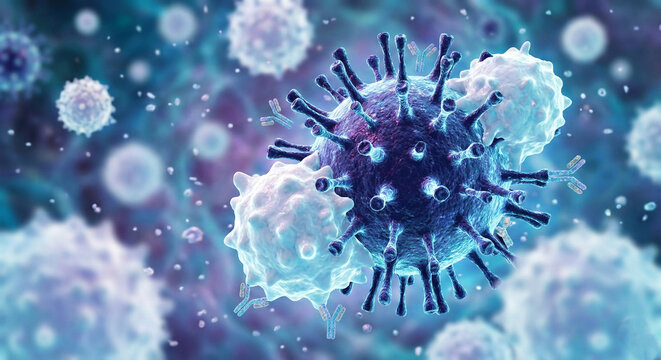 3D Illustration of Immune System Antibodies Attacking Virus Cells