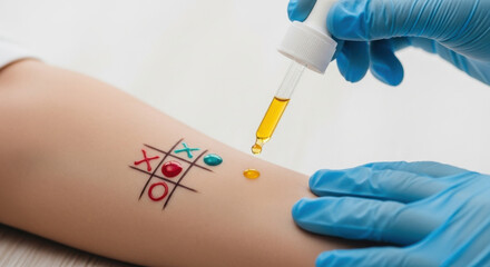 Skin Allergy Test with Tic Tac Toe Grid on Arm, Blue Gloved Hand Applying Yellow Liquid, White Background