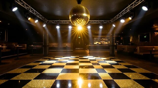 Luxurious empty nightclub with glittering black & gold checkered dance floor, massive golden disco ball, dramatic spotlights, and chic bar area ready for New Years Eve, retirement, or graduation party