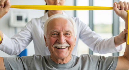Smiling Elderly Man With Therapist Using Yellow Resistance Band In Clinic