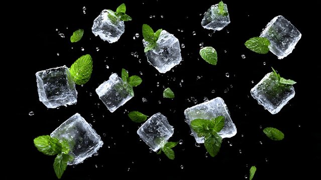 Refreshing ice cubes and fresh mint leaves suspended mid air with water droplets, perfect for summer drinks and cool beverage concepts.