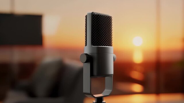 A microphone stands prominently against a beautiful sunset, capturing the essence of a moment filled with sound. This microphone is ready to amplify voices as the sun sets in the b
