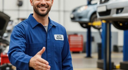 Smiling young adult male auto mechanic in blue uniform extending hand for a handshake in a professional car repair garage