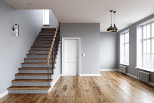 Modern interior with staircase, hardwood floors, and large windows.