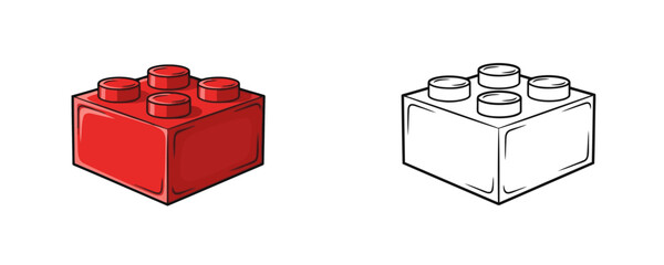 Cute cartoon style illustration of a single red interlocking plastic building block toy shown in full color and as a black and white outline © Dzianis