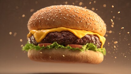 Juicy gourmet cheeseburger with melted cheddar, fresh lettuce, and tomato suspended in air with a dynamic sprinkle effect