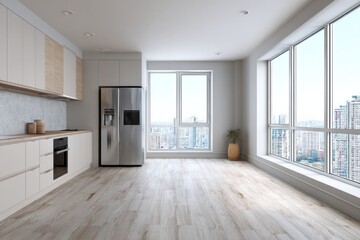 Fototapeta premium Modern kitchen with large windows and city view.