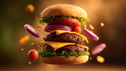 Juicy double cheeseburger with fresh toppings suspended in mid-air, creating a dynamic and mouthwatering culinary masterpiece for advertising and menus.