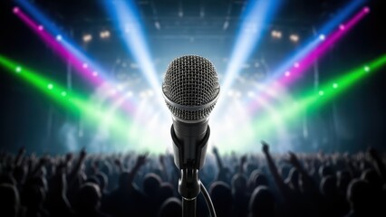 Closeup of a vintage microphone on a stand center stage with bright colorful spotlights and a cheering crowd in the background at a live concert or performance event