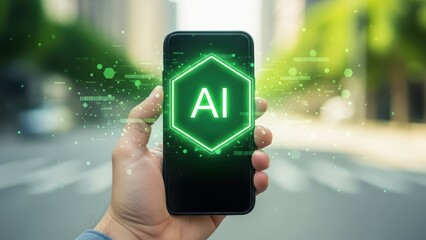 Hand holding smartphone displaying glowing green ai hexagon logo with digital data stream, concept of artificial intelligence technology in mobile device