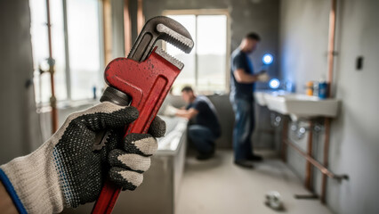 Plumber holding a red pipe wrench in the foreground with workers installing bathroom fixtures in the background, isolated on white