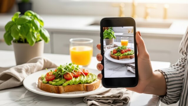 Woman taking a photo of avocado toast and orange juice with a smartphone for social media or food blog - Powered by Adobe