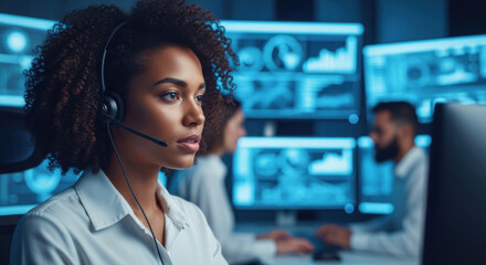 Woman with Headset Working in Dark Control Room with Multiple Screens Displaying Data and Graphs in Background