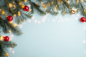 Festive Christmas Background Featuring Pine Branches, Red Ornaments, and Warm Fairy Lights to Celebrate the Holiday Season