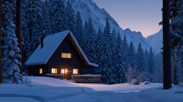 Cozy wooden log cabin nestled in snowy forest at twilight with warm light glowing from windows, surrounded by pine trees and mountain peaks creating peaceful winter atmosphere - Powered by Adobe