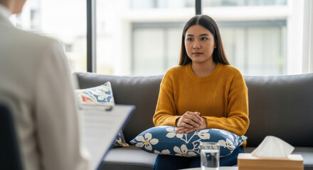Young Woman in Yellow Sweater Seated on Gray Sofa During Therapy Session with Open Window and Natural Light