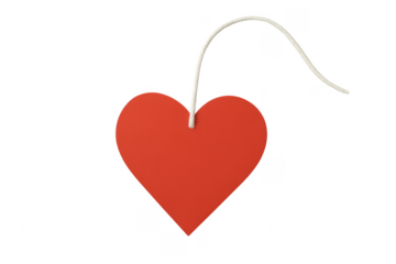 Red heart shaped gift tag with string, transparent background