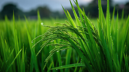 Obraz premium Green rice field rice stalk dew drop paddy green leaf crop