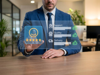 Customer service manager reviewing quality ratings with five stars and feedback checklist.