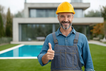 Smiling construction worker wearing yellow hard hat and denim overalls gives thumbs up in front of modern house with swimming pool, confident outdoor renovation success