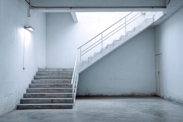 Concrete stairs ascend beside white walls and a closed door.