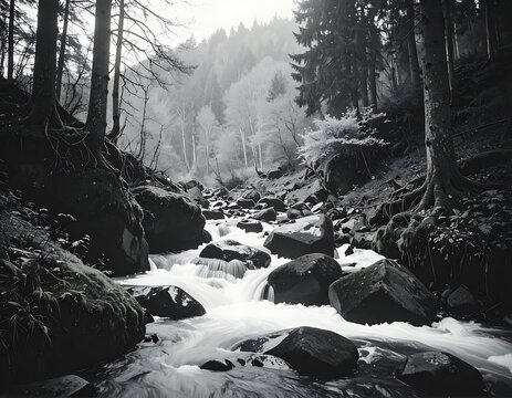 B&W scene with a mountain river cascading through a dark forest with trees and rocks in foreground and background