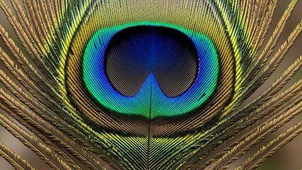 Obraz premium Closeup of a peacock feathers eye pattern featuring concentric rings of blue green and yellow