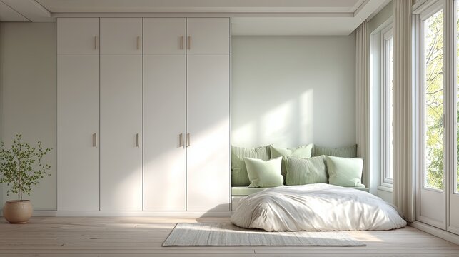 Serene minimalist bedroom with builtin wardrobe and cozy window nook.