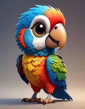 Cartoon parrot with bright plumage, large eyes, and playful pose