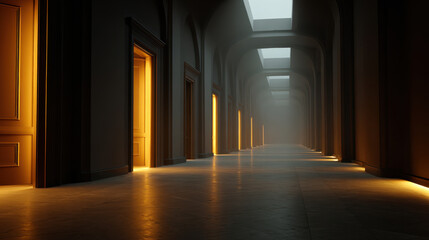Cinematic long hallway with repeating arched doorways and warm glowing doors leading into misty distance, atmospheric lighting evokes mystery and anticipation