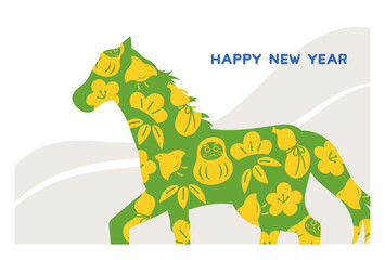 和風のおめでたい模様をあしらった馬のシルエットの年賀状のベクターイラスト