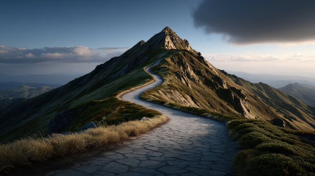 Winding stone path leads up solitary mountain ridge under dramatic clouds at sunset, inviting exploration and quiet reflection