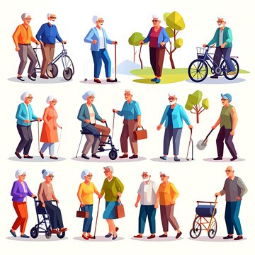 Cartoon people doing activities walking, using mobility aids, cycling. Colorful, happy, elderly. Isolated on white background
