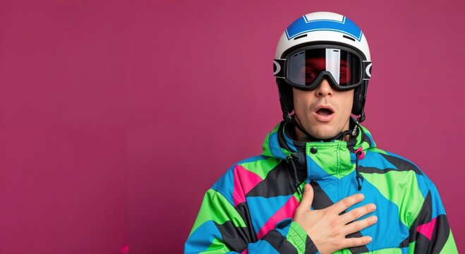 Surprised young Caucasian man in colorful ski jacket and helmet with goggles expressing shock with hand on chest against a vibrant magenta background.