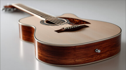 Studio Shot of an Acoustic Guitar on White Background: Polished Wood Grain and Detailed Strings in Minimalist Composition