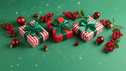 Festive Christmas holiday gift boxes and red winter berries arranged beautifully on a sparkling green background with copy space