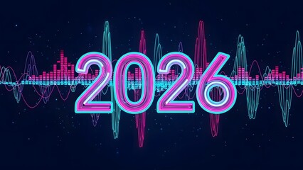 Futuristic 2026 neon light numbers with vibrant digital sound waves and equalizer graphics creating a dynamic visual
