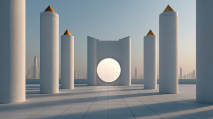 Minimal white courtyard with cylindrical columns and circular opening overlooking misty skyline, serene modern architectural scene with soft light and long shadows