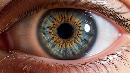 Extreme closeup of a human eye iris with intricate patterns