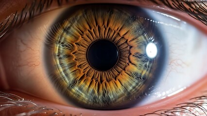 Extreme closeup of a human iris with intricate patterns and pupil