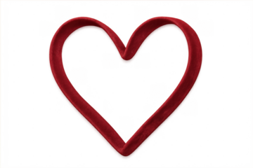 Red velvet ribbon forming heart outline on transparent background