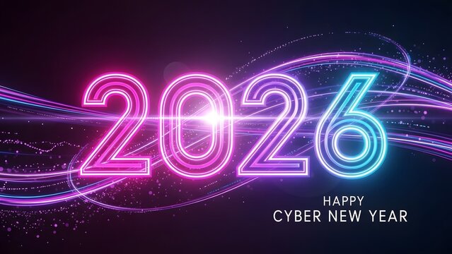 Vibrant futuristic Happy Cyber New Year 2026 greeting with glowing neon numbers and abstract light trails on a dark background - Powered by Adobe