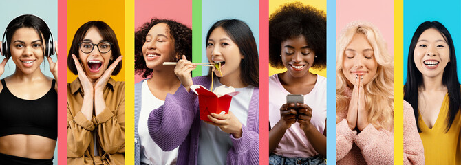 A colorful collage shows seven individuals engaged in various activities. Smiling faces represent joy while some enjoy food, technology, or simply express happiness.