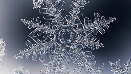 Macro view of a hexagonal snowflake against a gradient background
